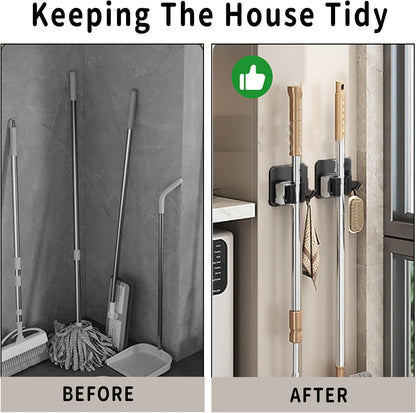 Skiennix Broom Holder Wall Mount - 3-Piece Mop and Garden Tool Organizer - Durable 304 Stainless Steel (Black)