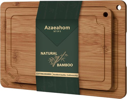 Bamboo Cutting Boards Set - Premium Wood Chopping Boards with Juice Grooves & Handles | 2-Piece Set