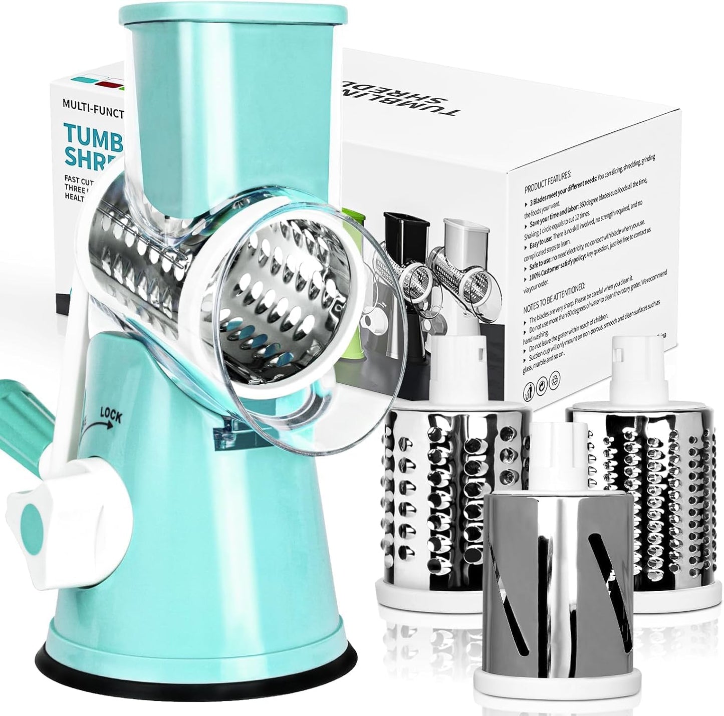X Home Rotary Cheese Grater - 3 Interchangeable Blades for Easy Shredding | Kitchen Tool in Blue