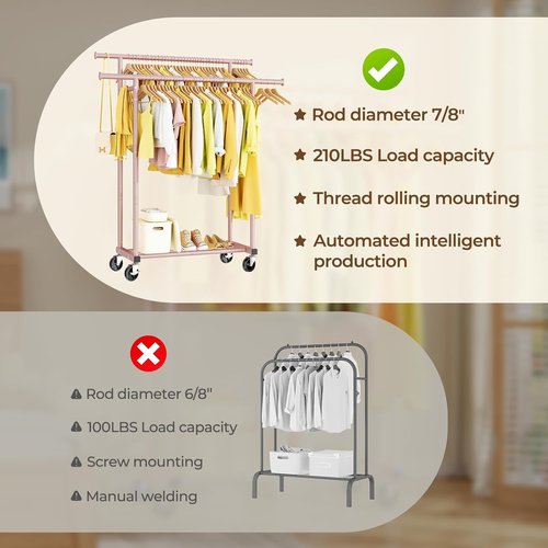 HYSEYY Double Rod Clothes Rack - Sturdy Portable Metal Garment Rack for Bedroom & Laundry | Pink