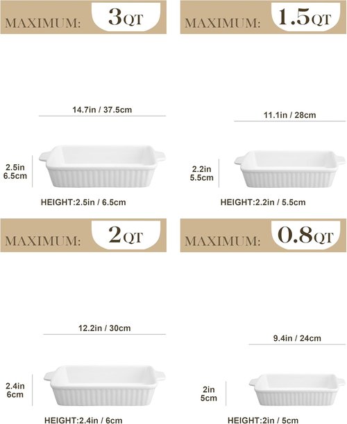 MALACASA Ceramic Bakeware Set - 5-Piece Oven Safe Casserole Dishes | White, 9" to 14.7" Sizes