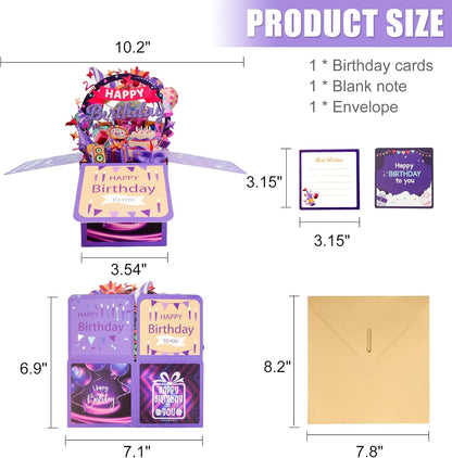 Surprise Pop Up Birthday Cards - Unique 3D Handmade Greeting Card for All Ages | Deep Purple