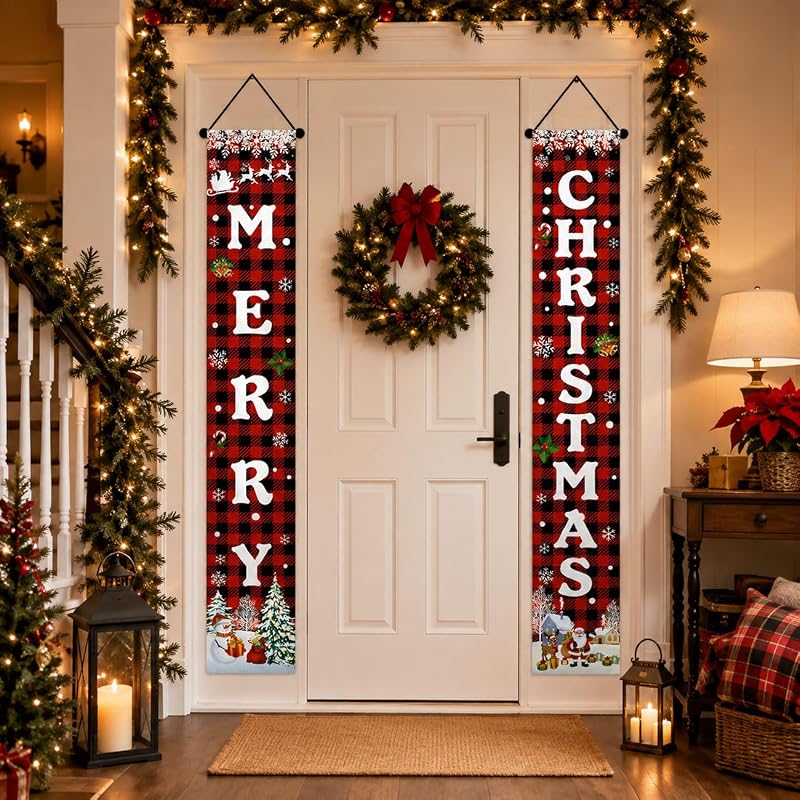 Merry Christmas Porch Banner - Red Buffalo Plaid with Snowman & Santa, Outdoor Door Decor
