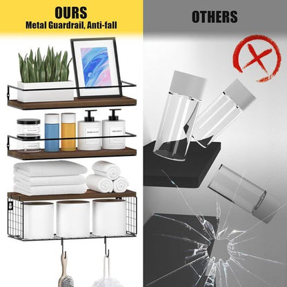 3+3 Bathroom Shelves - Wall Mounted Over Toilet with Storage Basket & Hooks | Brown Floating Shelves