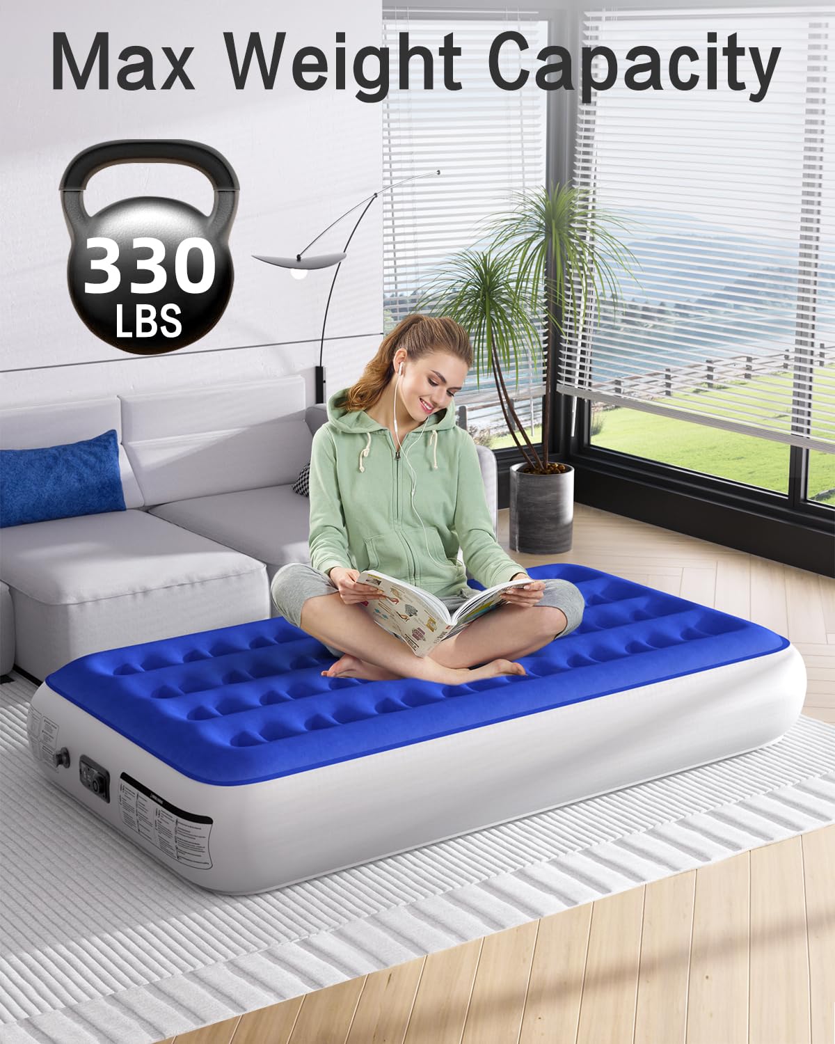 Xsleep Twin Air Mattress with Built in Pump Luxurious Comfort Raised Inflatable Mattress Twin Airbed Blow Up Mattress for Home and Guests 75"*39"*13" Air Bed 2 Minutes Fast Inflate/Deflate 330 lbs Max