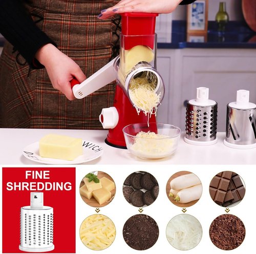 Cambom Rotary Cheese Grater - Hand Crank Shredder for Fresh Cheese & Vegetables | Non-Slip Base, Red