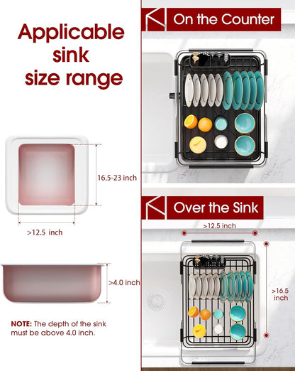 Skiennix Extendable Dish Drying Rack - Over Sink Storage with Utensil Holder | 12" W x 16.1~23" L, Black