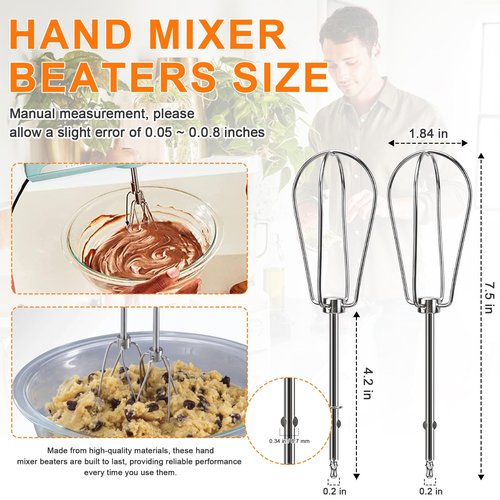 Hand Mixer Beaters Replacement for Cuisinart CHM Series, Stainless Steel Beater, Whisk, Dough Hook, Blending Rod Attachments Parts for HM-90S HM-50 HM-70 CHM-3 CHM-7PK 9 7 5 3 Mixers Blender - 6 PCS