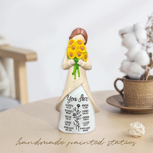 Christian Figurine - Hand-Painted Sunflower Resin Doll with Bible Verses | Spiritual Home Decor Gift for Women