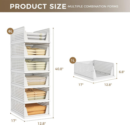 Pinkpum 6-Pack Closet Organizers - Stackable Plastic Storage Bins for Clothing & Accessories | White