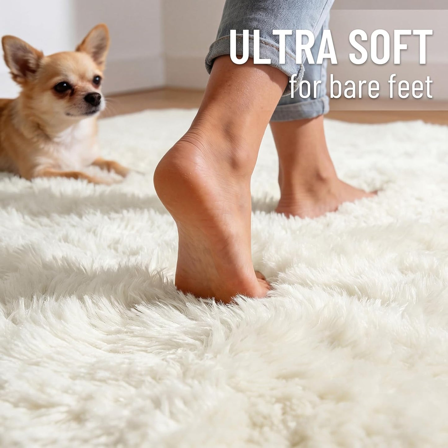 OLANLY Area Rugs - Soft Fluffy Shaggy Indoor Carpet for Living Room & Bedroom | Ivory 4x11