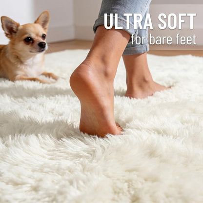 OLANLY Area Rugs - Soft Fluffy Shaggy Indoor Carpet for Living Room & Bedroom | Ivory 4x11