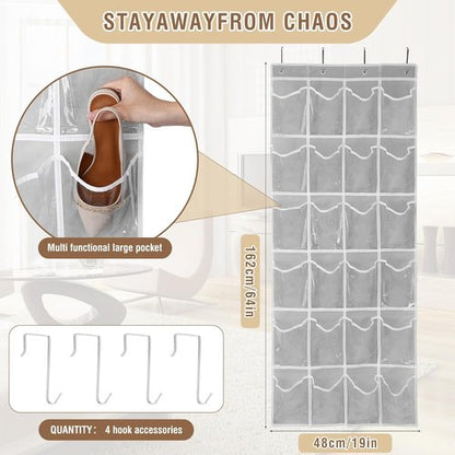 GOMAJI Over The Door 24 Pocket Shoe Organizer - Space-Saving Storage Solution, Gray (64" X 19")