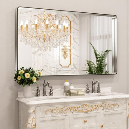 LOAAO Bathroom Mirror - 60X30 Inch Rounded Rectangle Design | Brushed Nickel Frame, Anti-Rust & Shatterproof