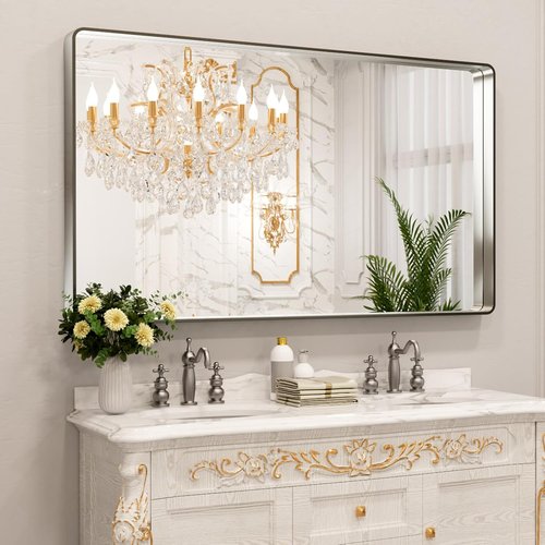 LOAAO Bathroom Mirror - 60X30 Inch Rounded Rectangle Design | Brushed Nickel Frame, Anti-Rust & Shatterproof