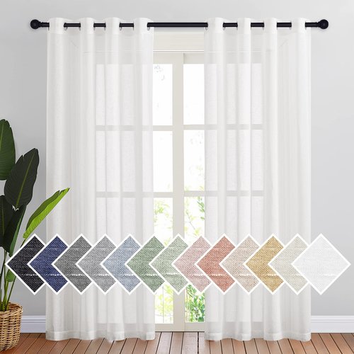 NICETOWN White Sheer Linen Curtains for Living Room 84 inch Length 2 Panels Set, Grommet Semi Sheer Privacy with Light Filtering Flax Window Treatments for Bedroom, W52 x L84