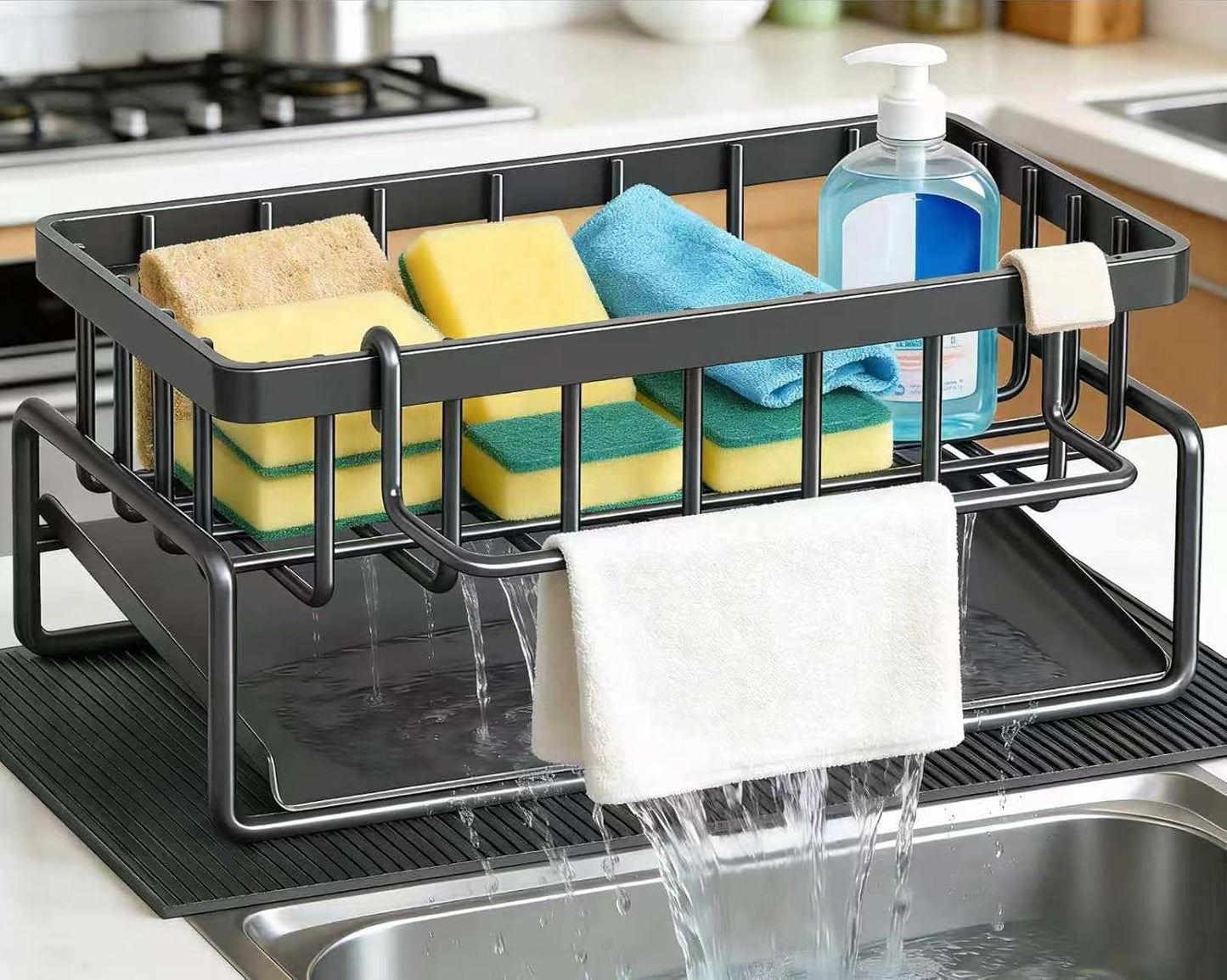 Skiennix Self-Draining Kitchen Sink Caddy - Non-Slip Metal Sponge Holder with Detachable Cloth, Black