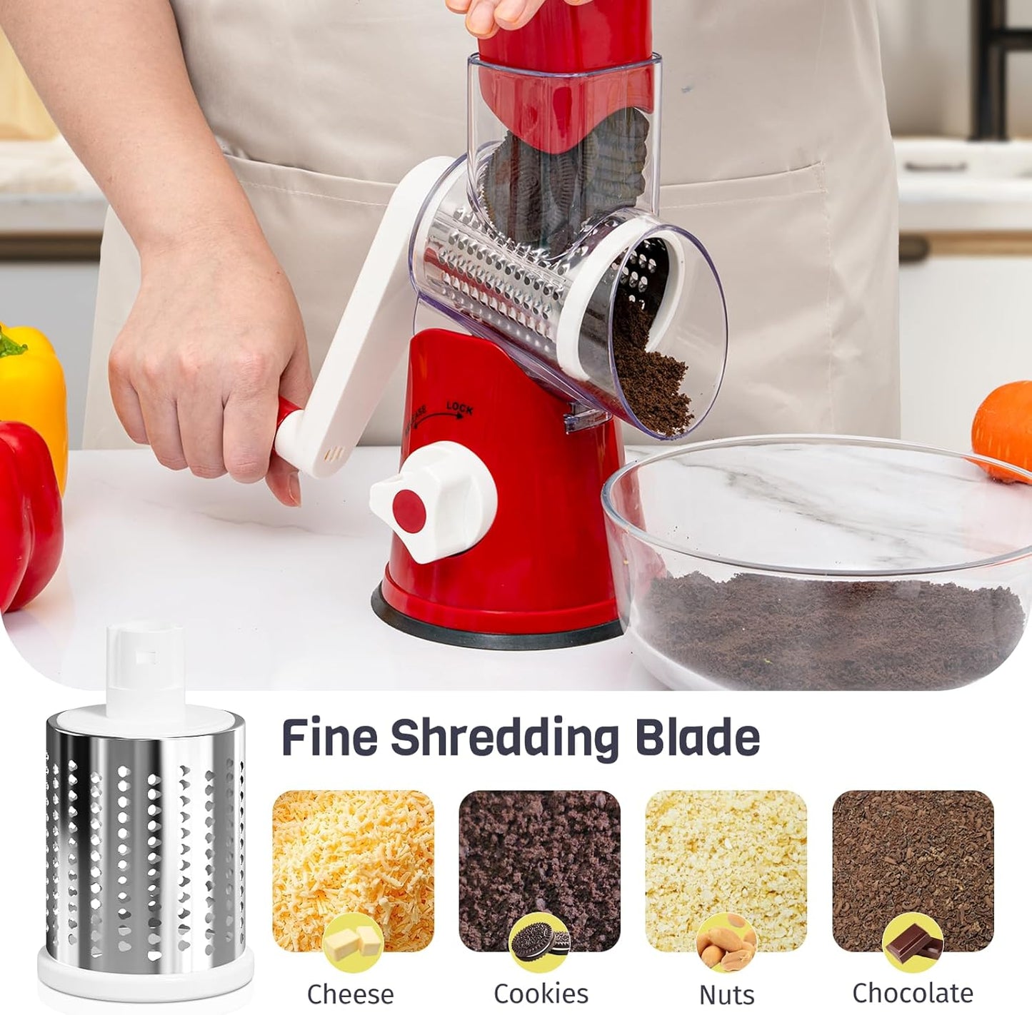 Rotary Cheese Grater - Hand Crank Slicer & Shredder with 3 Blades | Multi-Functional Kitchen Tool in Red