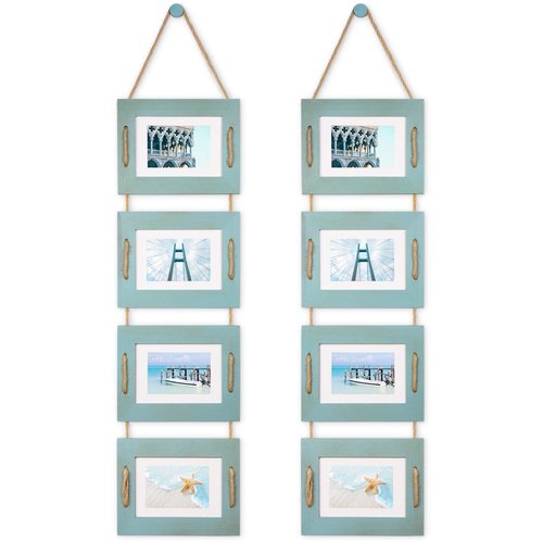 DLQuarts 5x7 Hanging Collage Picture Frames Wall Decor, 4-Opening 5x7 Matted to 3.5x5 Photo Rustic Wood Frame with Hemp Rope, 2 Pack, Ocean Blue