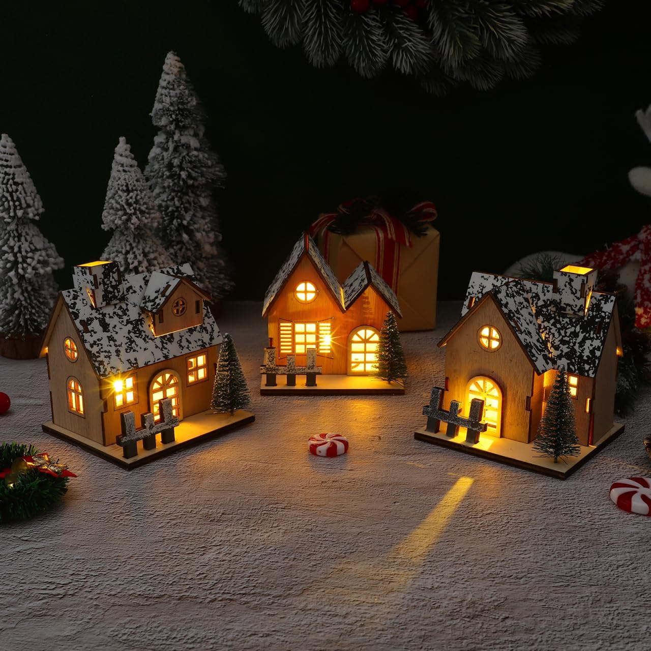 Toyvian Christmas Village Houses Decor - Set of 3 Glowing Wooden Houses with Lights | Holiday Table Centerpieces