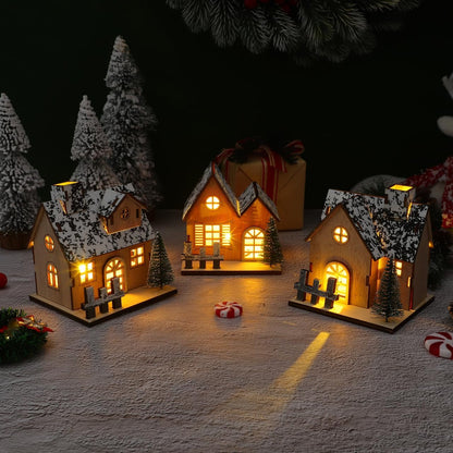 Toyvian Christmas Village Houses Decor - Set of 3 Glowing Wooden Houses with Lights | Holiday Table Centerpieces