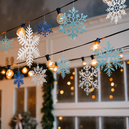Skiennix 12 PCS Large Snowflake Ornaments - Glittering Winter Decor for Indoor/Outdoor Trees (White/Blue)
