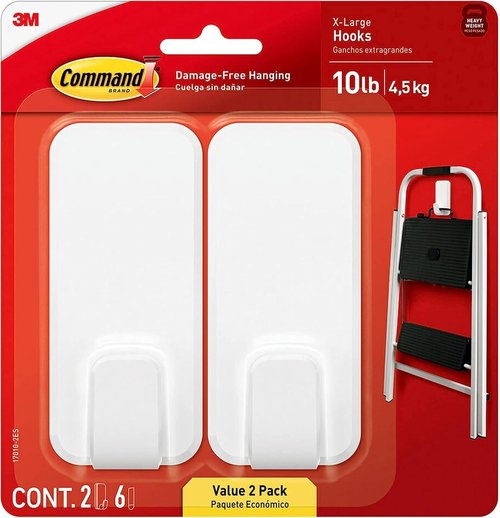 Command 10 lb XL Heavyweight Hook - Damage-Free Hanging Solution with 2 Wall Hooks & 6 Adhesive Strips