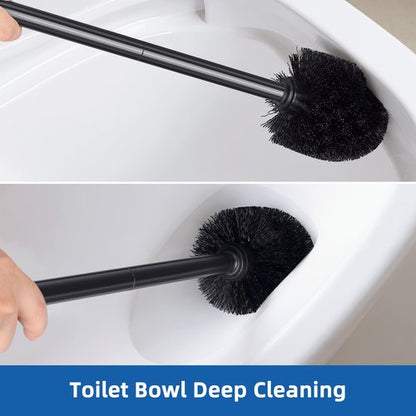 Qaestfy Toilet Plunger and Brush Set for Bathroom Cleaning, 2-in-1 Long Handle Toilet Bowl Brush with Stiff Bristles & Powerful Plunger, Space-Saving Holder (Pack of 1)