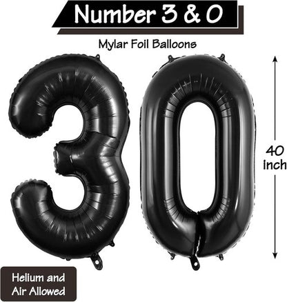 30 Number Balloons - Large 40 Inch Foil Balloon for 30th Birthday & Anniversary Celebrations | Black