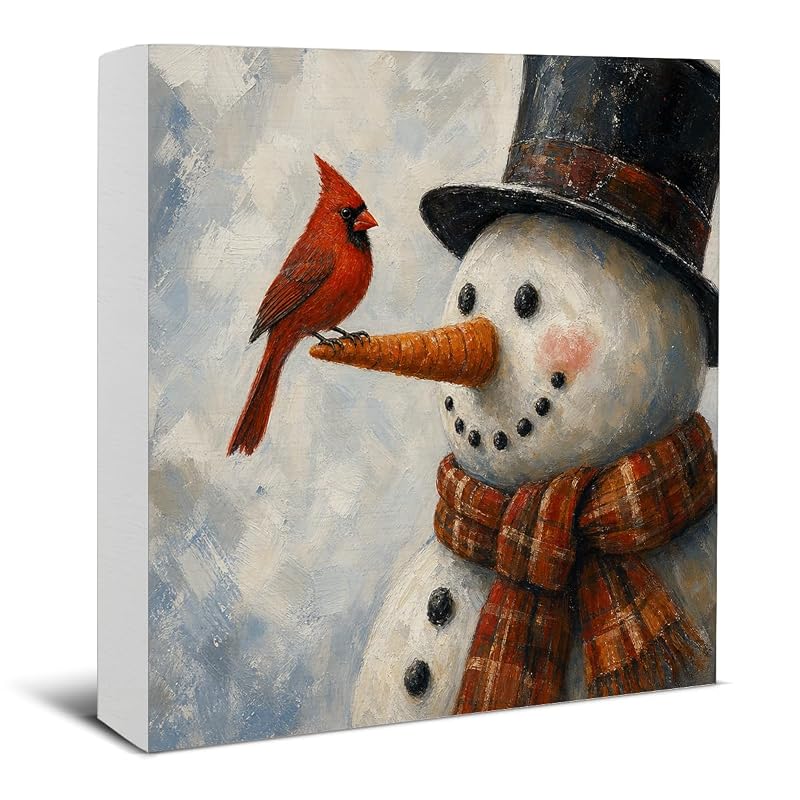 This listing: Christmas Snowman Decor Red Cardinal Wood Sign – 5 x 5 inches (Variation C)
