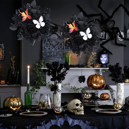 Regine Switzerland Gothic Rose Candle Ring Wreath - Black Floral with Butterfly & Artificial Leaves for Home Decor