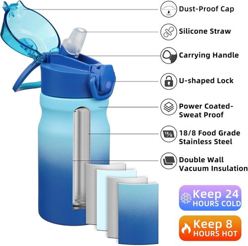 BJPKPK 14oz Insulated Water Bottle - BPA-Free Stainless Steel Thermal Flask with Straw & Lockable Lid | Sky Color