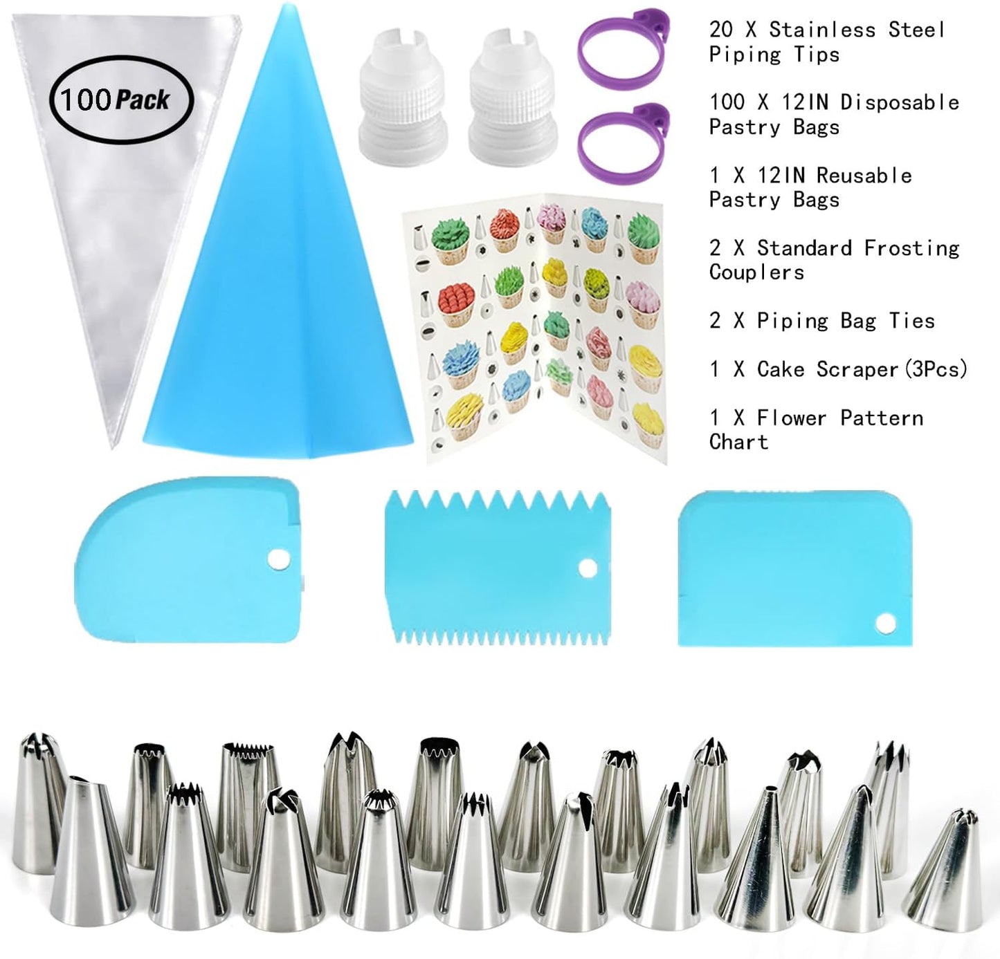Skiennix Piping Bags and Tips Set - 100PCS Disposable 12 Inch Pastry Bags for Cake Decorating & Frosting
