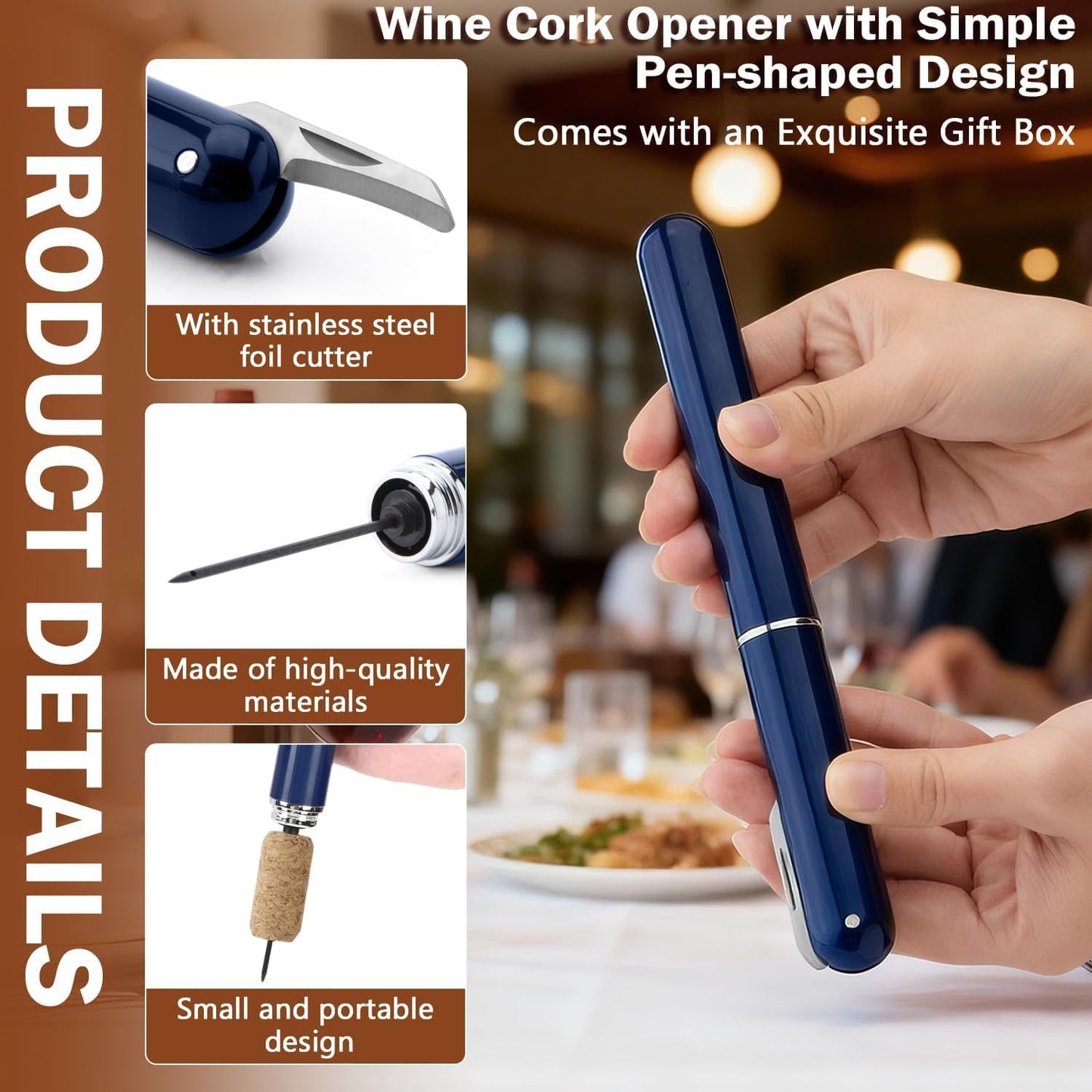 Wine Bottle Opener with Foil Cutter - NUCOKRS Air Pump Aeropop Corkscrew, Pen Style Opens in 3-7 Pumps, Effortless & No Damage to Cork, Compact Gift for Wine Lovers (Blue)