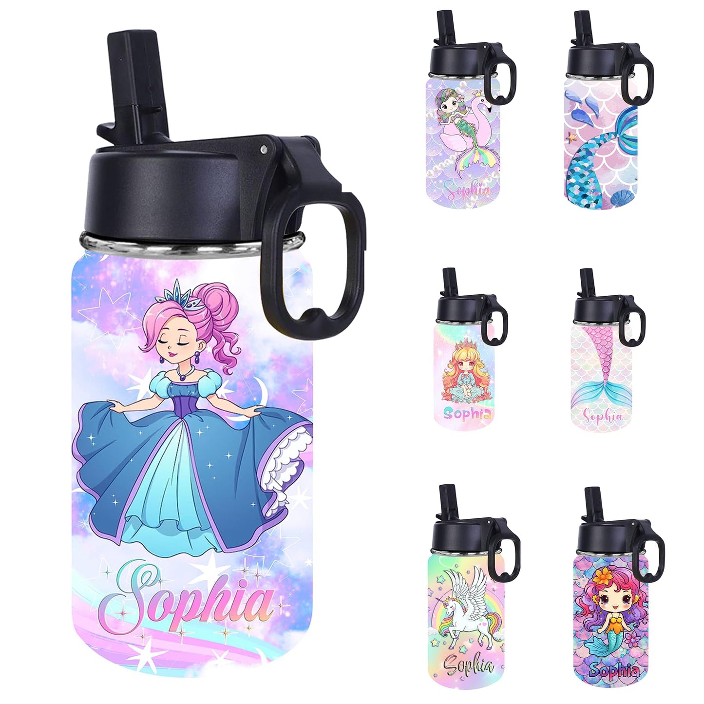 Personalized Kids Water Bottle with Straw Custom Princess Gradient Color Water Cup with Kids Name Cute Water Bottle Gift for Girls Daughter Granddaughter Child School Birthday 12oz