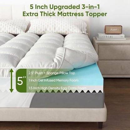 Extra Thick Memory Foam Mattress Topper by [Brand Name] - 5-Inch Dual Layer with Cooling Gel Foam & Bamboo Pillow Top for Back Pain Relief | Queen Size 80 x 60 Inches