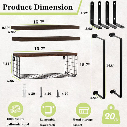 Skiennix Floating Shelves - Wall Mounted Bathroom Organizer with Storage Basket for Toilet Paper | Dark Brown, Set of 4, 16 in