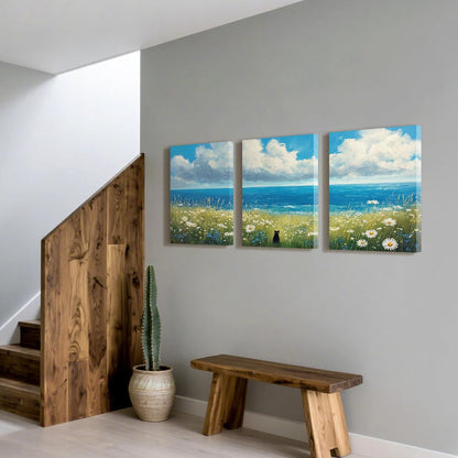 Skiennix Black Cat Canvas Wall Art Set - 3 Piece Abstract Beach Floral Prints | 12"x16" Wrapped Frame