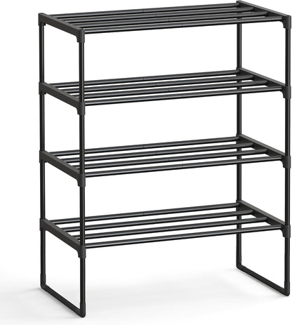 SONGMICS 4-Tier Shoe Rack - Stackable Metal Organizer for 10-15 Pairs | Black, 11.8 x 26.8 x 28.4 Inches