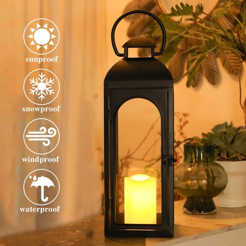 20 Inches Metal and Stainless Steel Glass Decorative Lantern with Electronic Wax Effect - Indoor/Outdoor Decorative Lighting, Handcrafted Aesthetic, Perfect for Home, Parties, and Holiday Decor