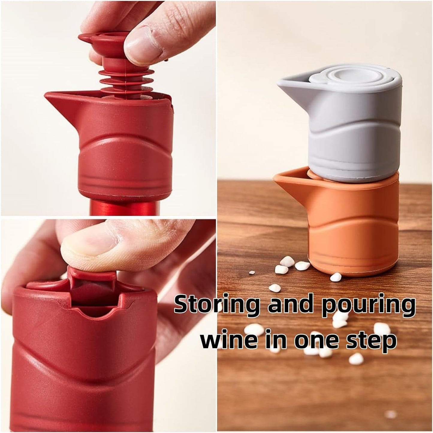 Silicone Wine Bottle Stopper with Guide Nozzle Keep Wine Fresh Reusable Wine Preserver Seals With 3 in 1 Kechain Fixed Sealing Plug Design For Soy Sauce, Cooking Wine, Oilg(Red+Orange+Gray)