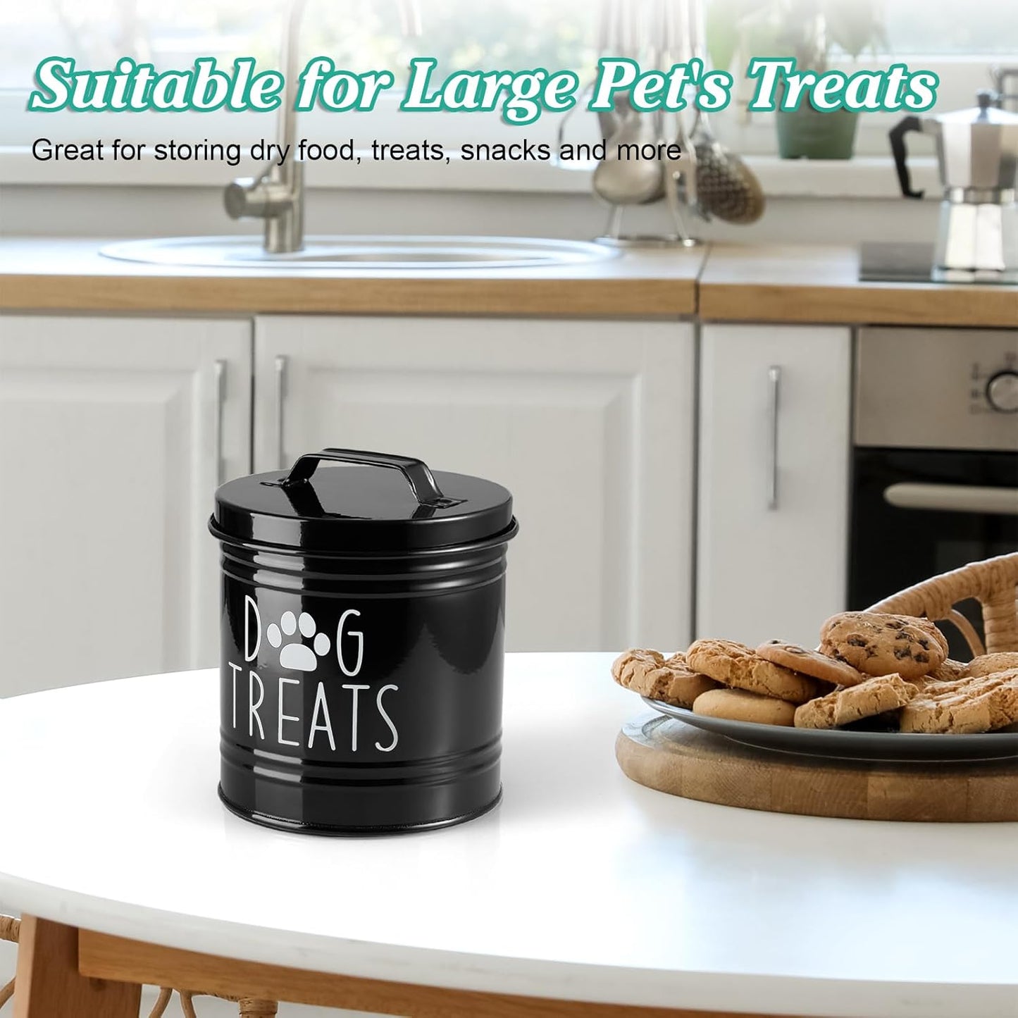 OUTNILI Dog Treat Container - Airtight Black Jar for Kitchen | 6.6" Tall X 6" Round, Rustic Storage for Pets