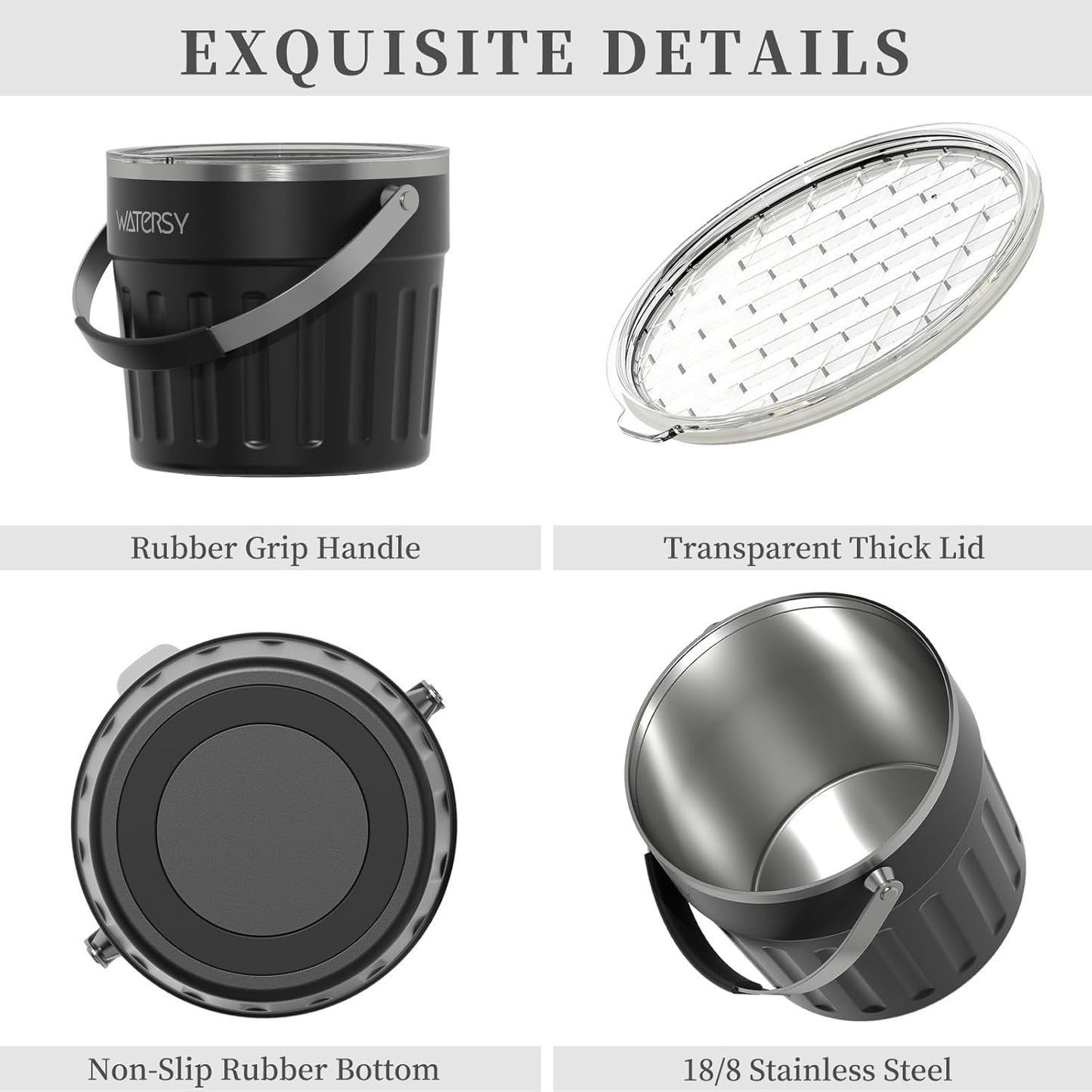 WATERSY Insulated Ice Bucket（8 Quart / 7.6 L） with Lid, Scoop, Ice Tong，Wall Vacuum Stainless Steel, Black