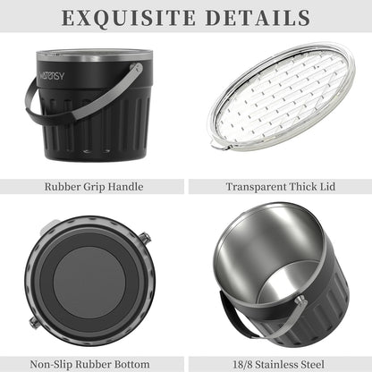 WATERSY Insulated Ice Bucket（8 Quart / 7.6 L） with Lid, Scoop, Ice Tong，Wall Vacuum Stainless Steel, Black