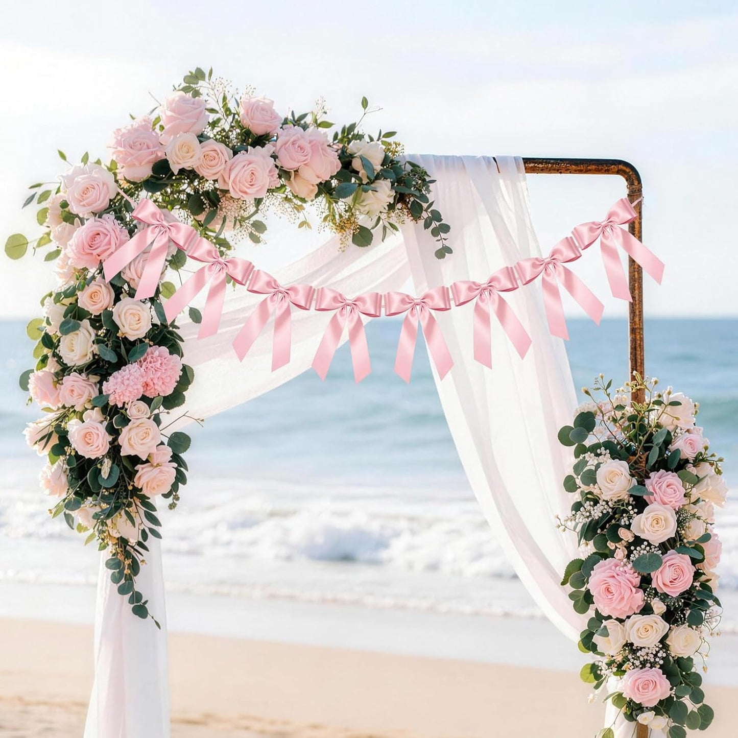 Skiennix Pink Bow Garland Banner - 8 Pre-Strung Double-Layer Satin Ribbon Bows | Reusable Valentine's Day Decor for Baby Showers & Parties