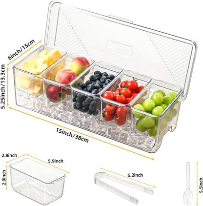 Large Chilled Condiment Caddy,Stackable Chilled Condiment Containers Server with Lids for 5 Removable Compartments (5 Containers, 1 pack)