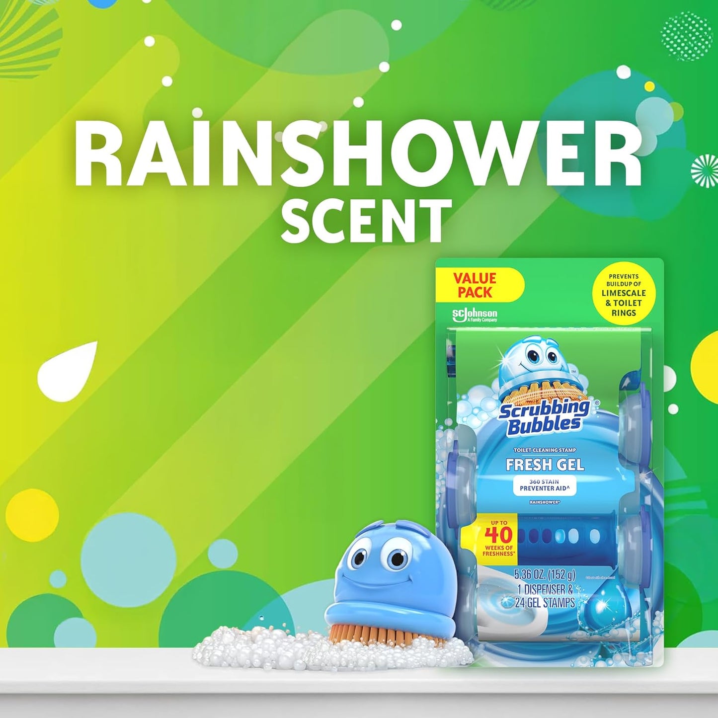 Scrubbing Bubbles Toilet Bowl Cleaning Gel Stamps - Prevents Limescale & Rings, Rainshower Scent, 24 Stamps