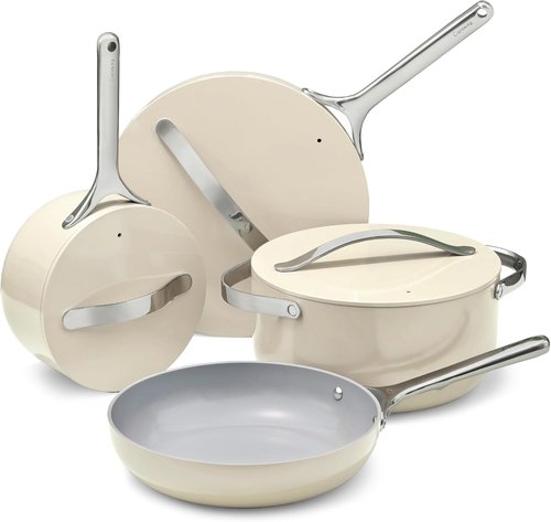 Caraway Non-Stick Ceramic Cookware Set - 12 Piece Oven Safe Pots & Pans | PFAS & PFOA Free - Cream