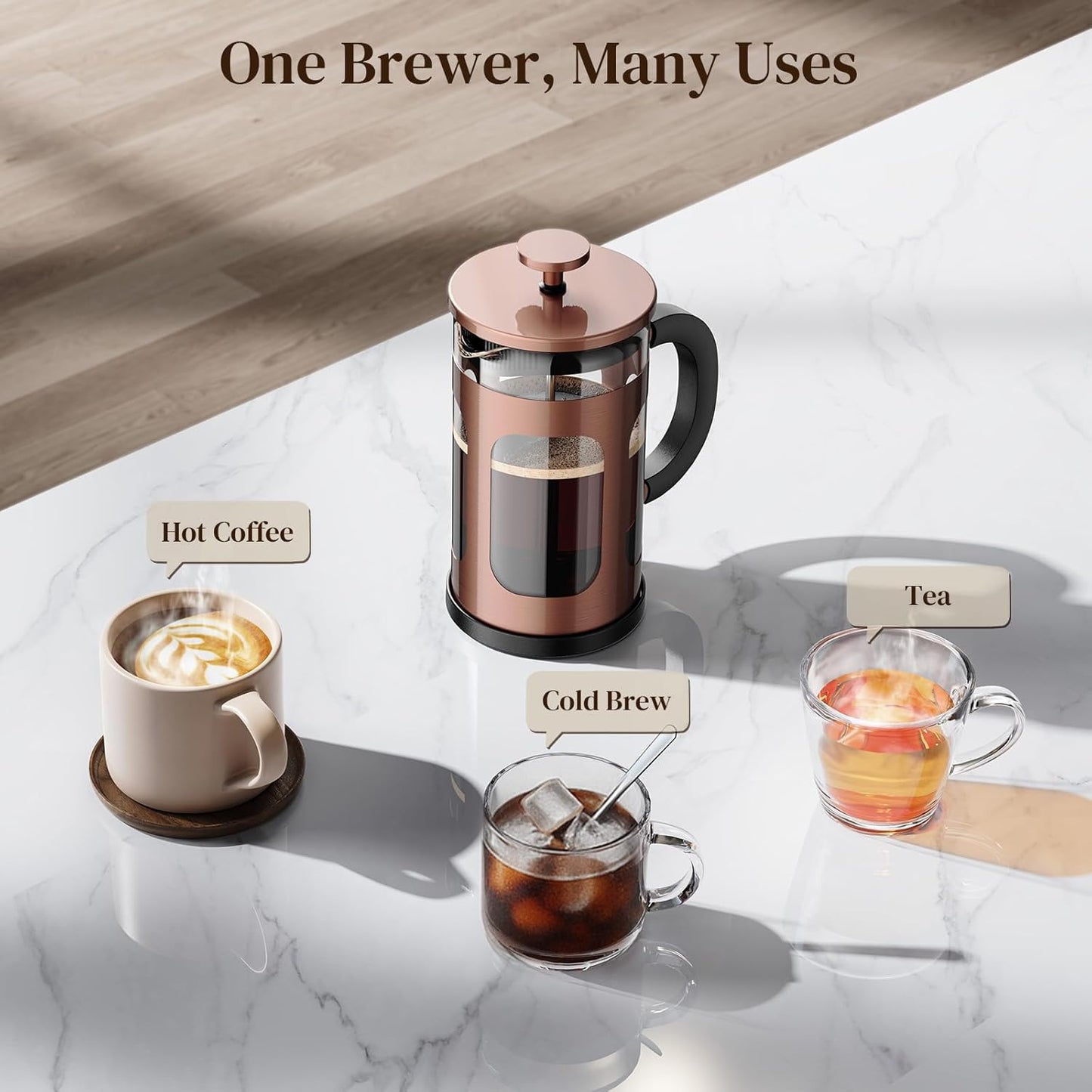 Veken French Press Coffee Maker - 21oz Heat Resistant Borosilicate Glass | Stainless Steel Brewer for Travel & Camping