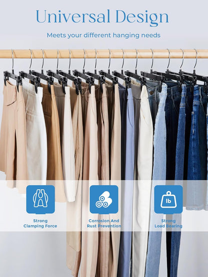 Smartor Pants Hangers - 30 Pack Heavy-Duty Black Clips with 360° Hooks for Shorts, Trousers, and Skirts | 12 Inch